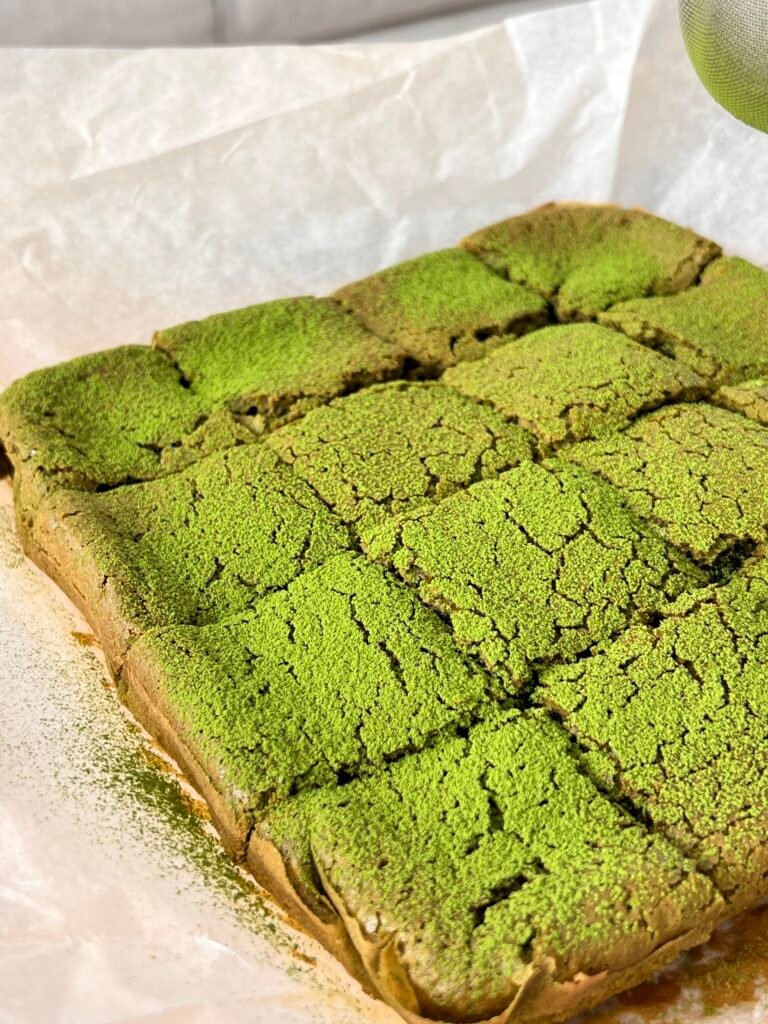 Image of mochi matcha brownies fresh out from the oven