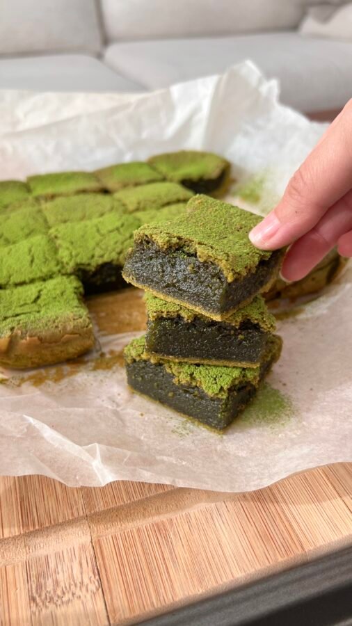 A stack of mochi matcha brownies